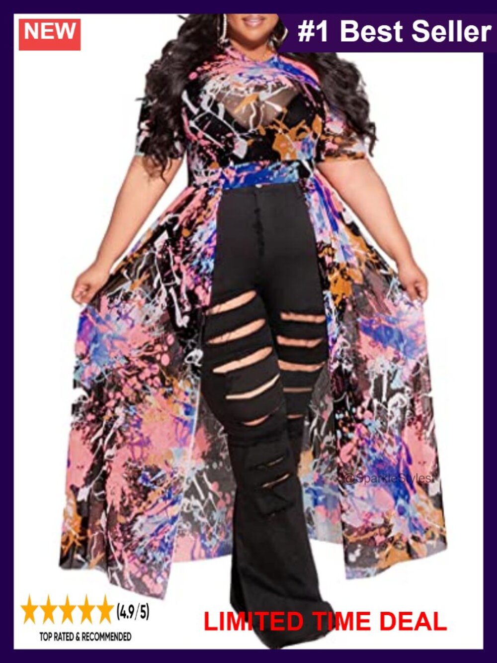 Plus Size High Low Tunic Dress Mesh Puff Sleeve Blouse
